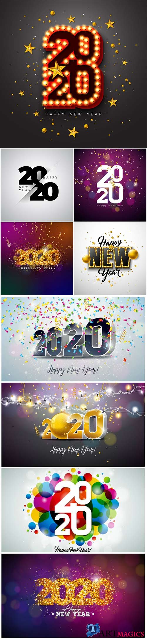 2020 Happy New Year illustration with 3d typography lettering, and