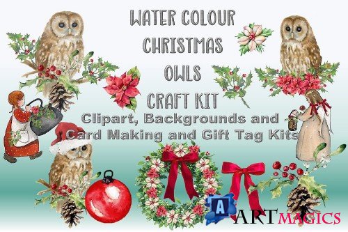 Watercolour Christmas Owls Clipart, Backgrounds & Craft Kit - 372123