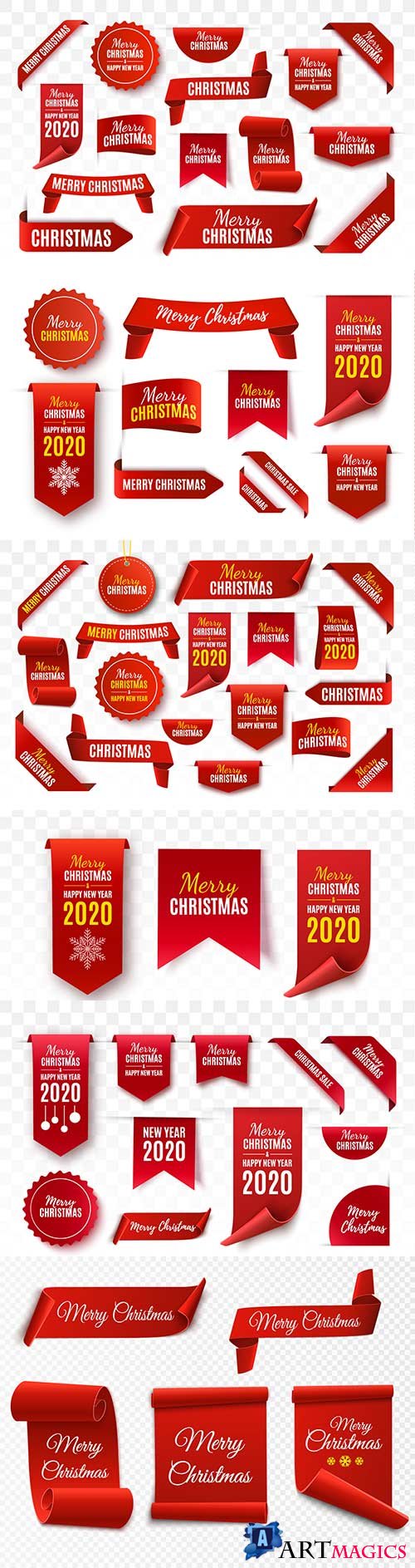 Christmas tags and labels collection, red scrolls and banners