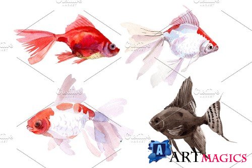 Fairytale Red Goldfish Watercolor - 4224345