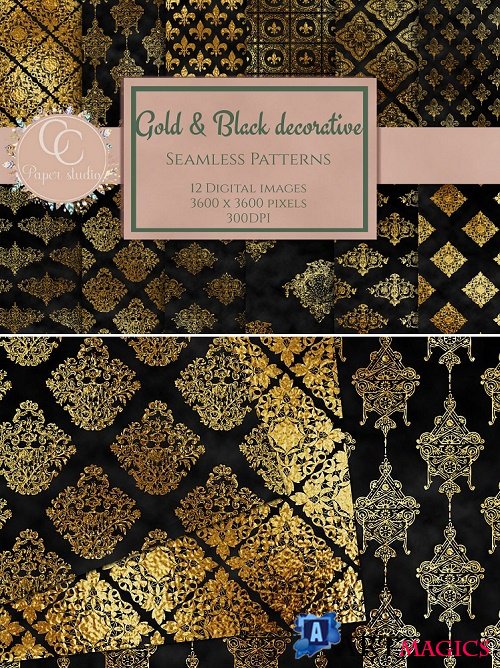 Gold and black damask digital paper - 349140