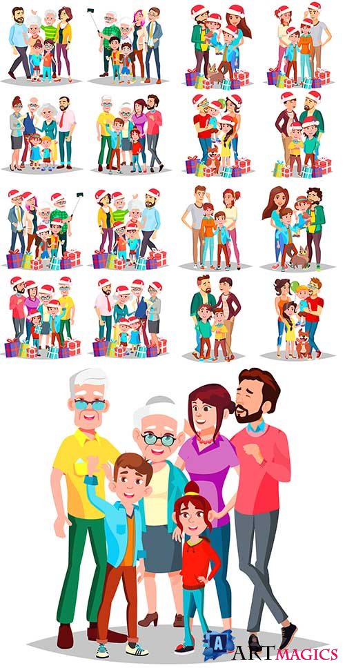     -   / Family with New Year presents - Vector Graphics