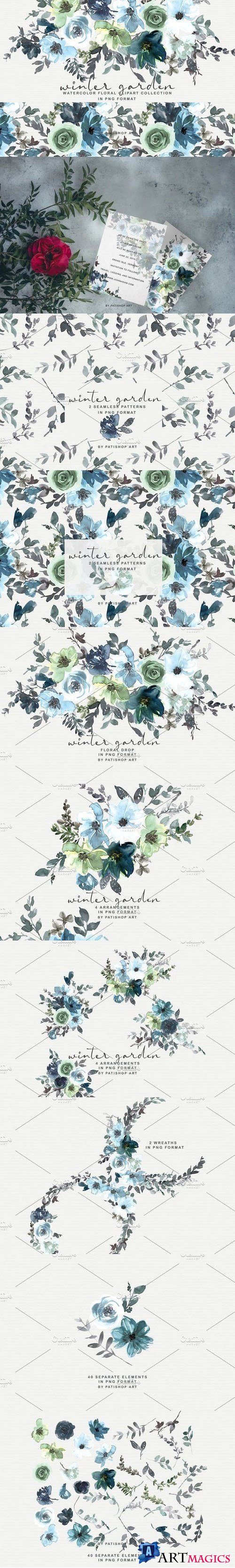 Icy Blue Watercolor Floral Clipart - 4263712