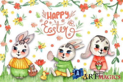 Watercolor Easter Bunnies Illustrations - 4268080