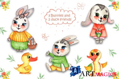 Watercolor Easter Bunnies Illustrations - 4268080