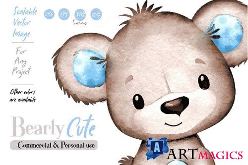 Watercolor Brown Blue Bear clip art with baby blue polka dot - 380042