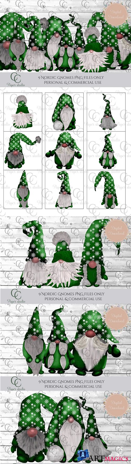 Scandinavian Tomte Gnomes - Christmas green snowflakes - 381637