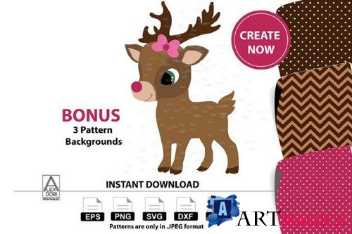 Cute Girl Reindeer digital clipart,reindeer with bowtie - 380817