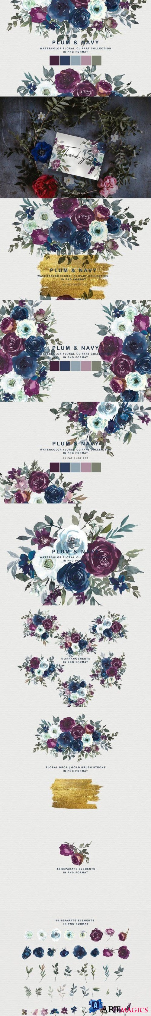 Plum & Navy Floral Clipart PNG - 4277614