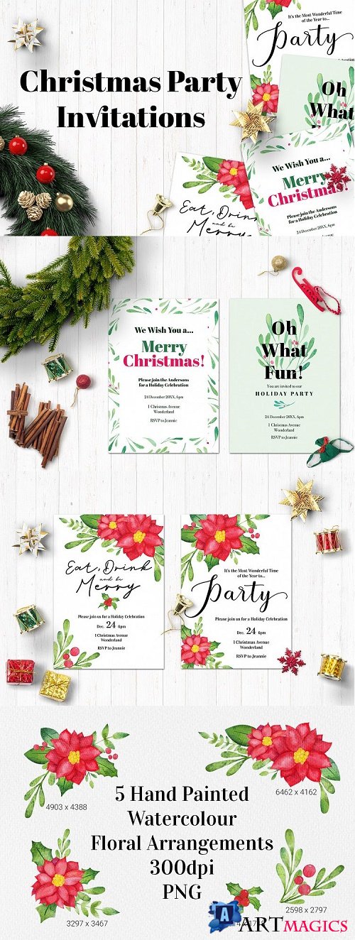 Watercolor Christmas Party Invitation Templates - 381123