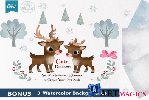 Watercolor Reindeer Boy and Girl Clipart