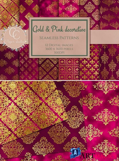 Gold and Pink damask digital paper - 352512