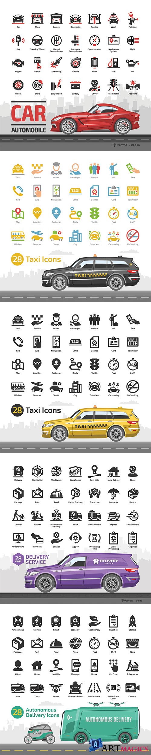 Car icon set with mockup and basic automotive symbols