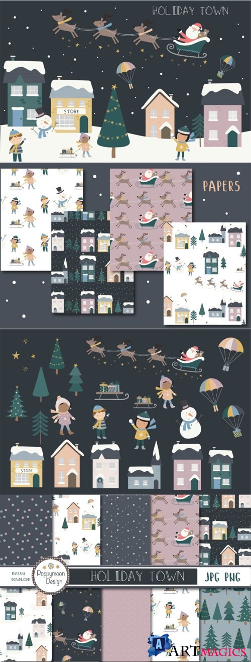 Holiday Town Clipart and Papers