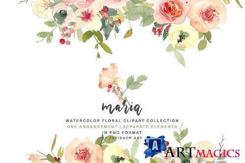 Pink Blush Watercolor Floral Clipart Collection - 386652