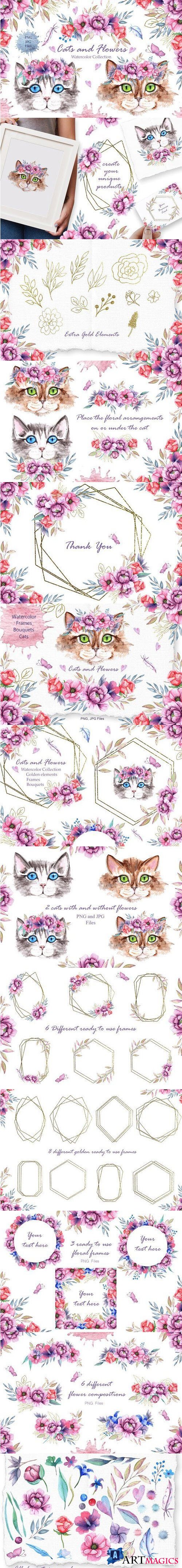 Watercolor Cats and Flowers - 4285663