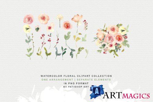 Pink Blush Watercolor Floral Clipart Collection - 386652
