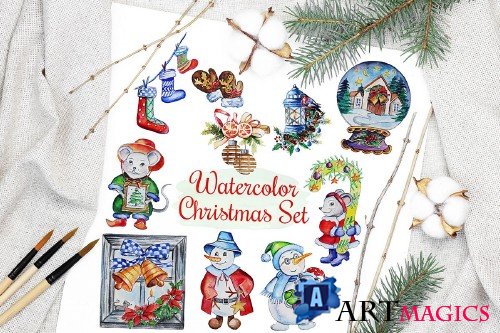 Christmas Watercolor Characters Set - 385287