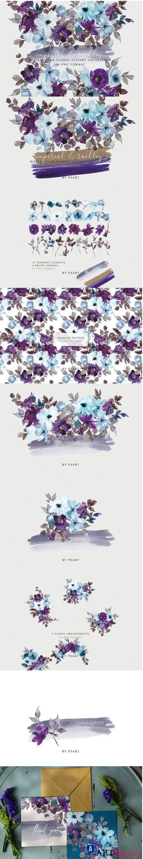 Purple & Blue Watercolor Clipart Set - 4285977