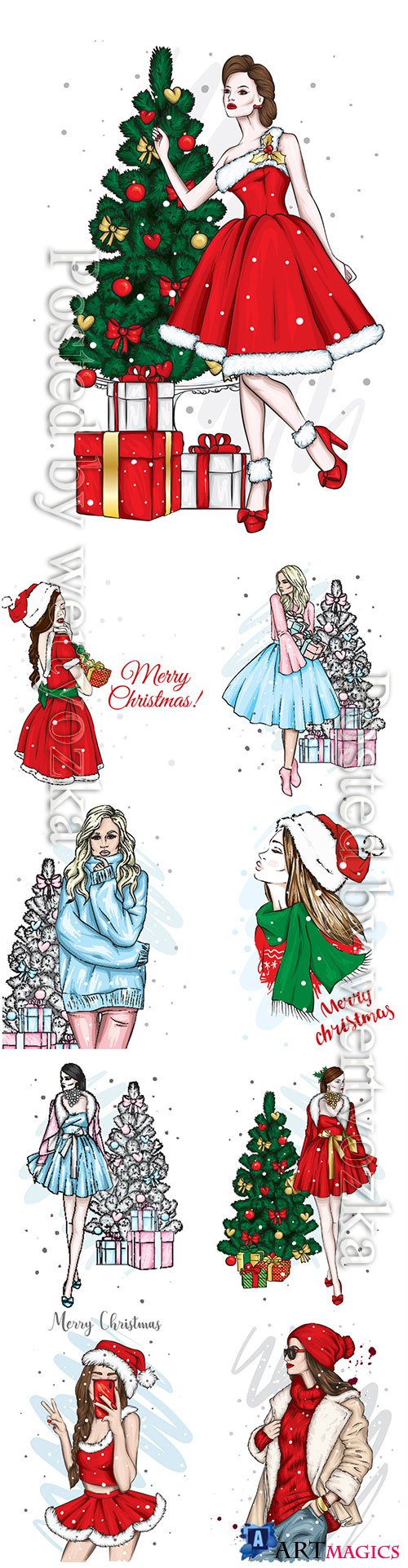 New Year and Christmas, beautiful girl in dress, winter holidays