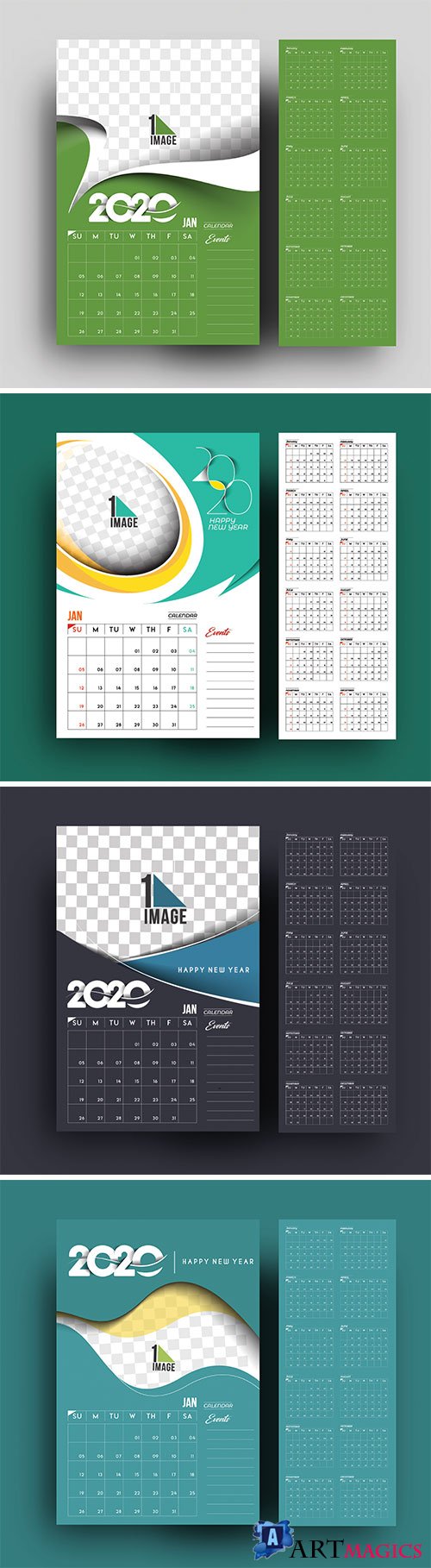 Happy new year 2020 Calendar, holiday design elements for holiday cards