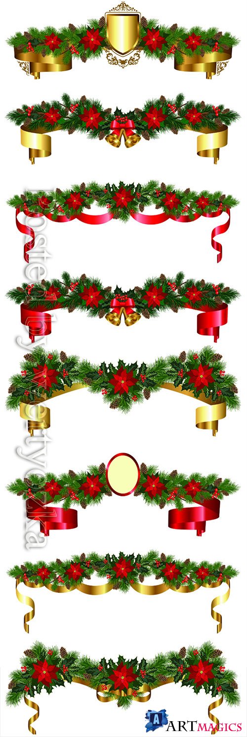 Christmas garland of fir branches, flowers poinsettia, holly, cones,