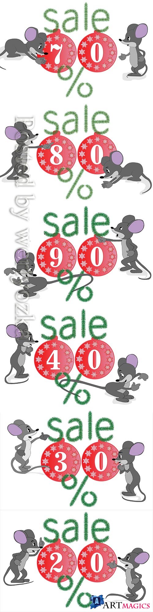 Christmas sale banner for advertising with rats and fir branches