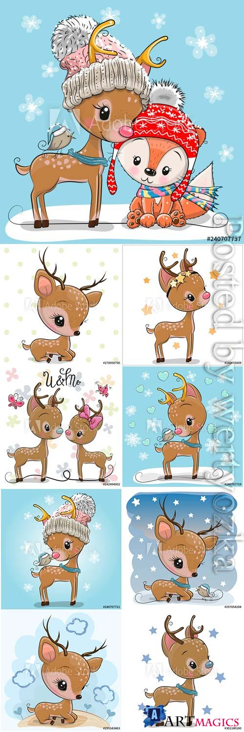 Cartoon fawn on a winter background