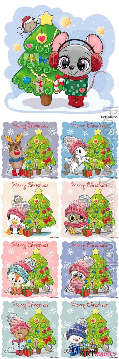 Cartoon animals at the christmas tree