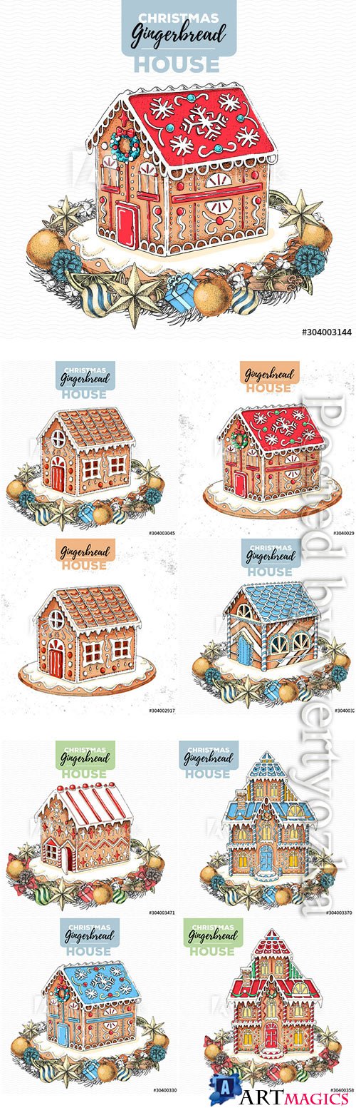 Hand drawing illustration of christmas gingerbread house and