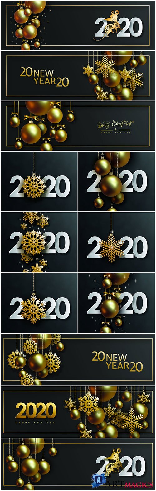 2020 Christmas and New Year design with hanging realistic golden balls and decorative snowflakes