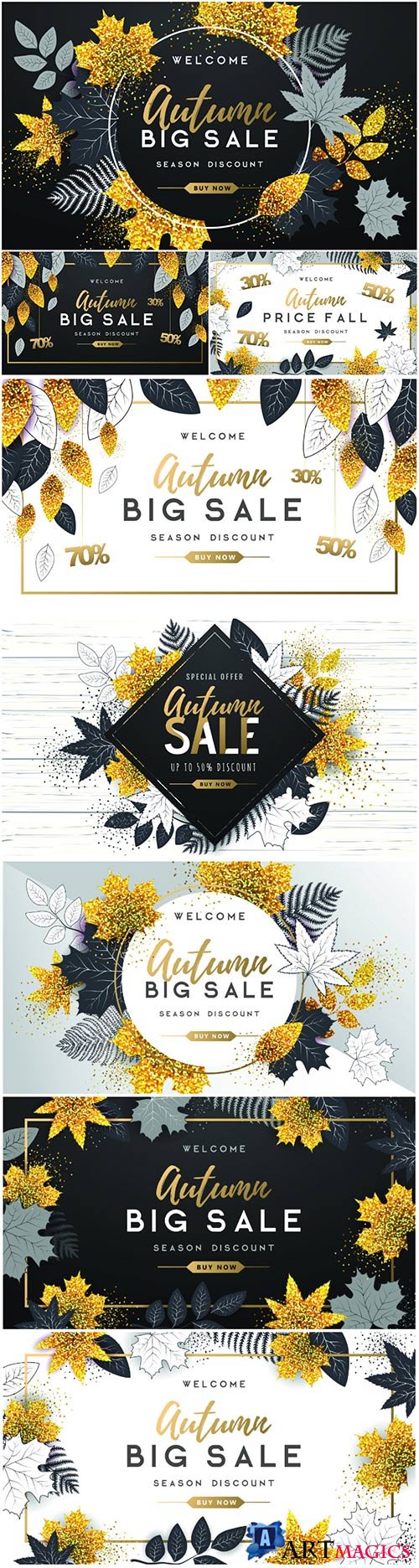 Autumn big sale poster with golden and black autumn leaves