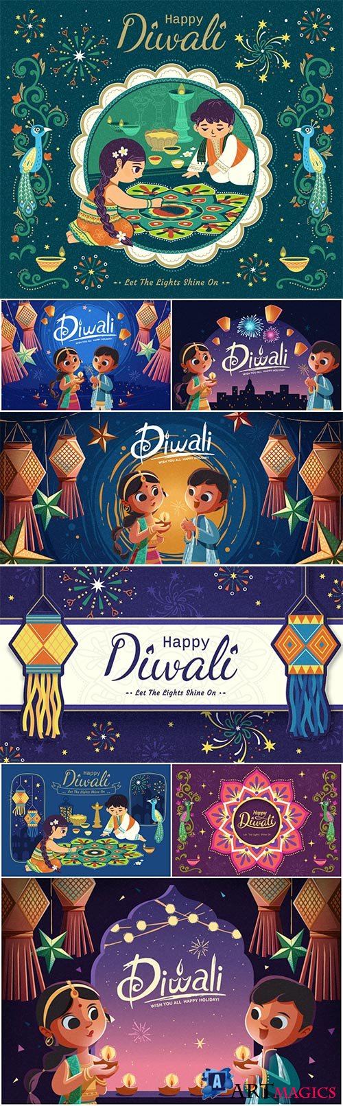 Diwali illustration with kids