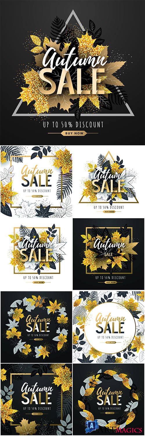 Autumn big sale typography poster with golden and black autumn leaves