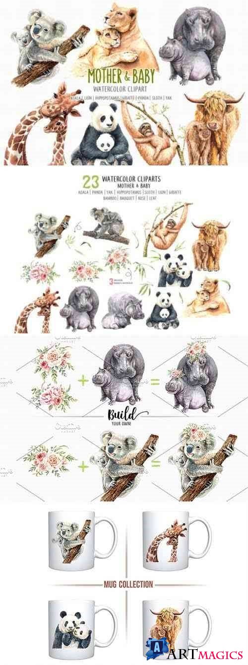 Watercolor Mom and Baby Animals - 4335651