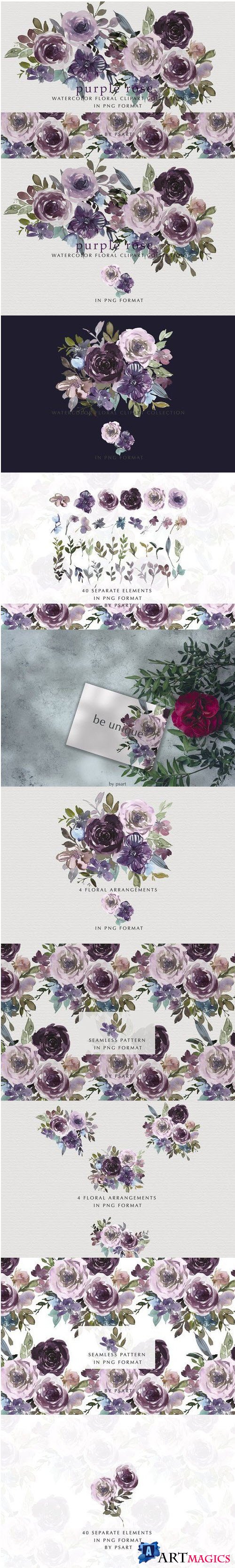 Purple Watercolor Rose Clipart Set - 4332441