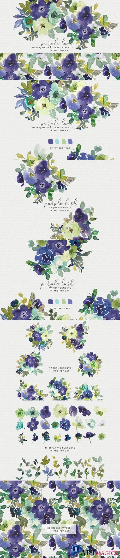 Purple Watercolor Floral Clipart Set - 4324931