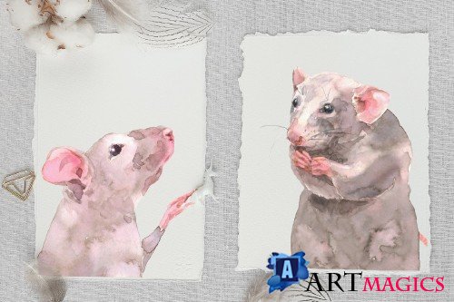 Cute Rats Watercolor Set - 3808382