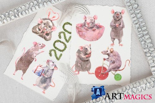 Cute Rats Watercolor Set - 3808382