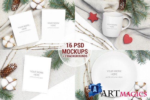 Christmas Mockups Pack, 16 PSD, 2 Backgrounds - 386065