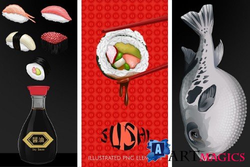 Japanese Sushi Illustrated Graphics and Digital Paper Set - 167303