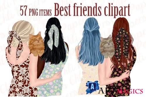 Best Friends Clipart,Girls and Cats - 4315846