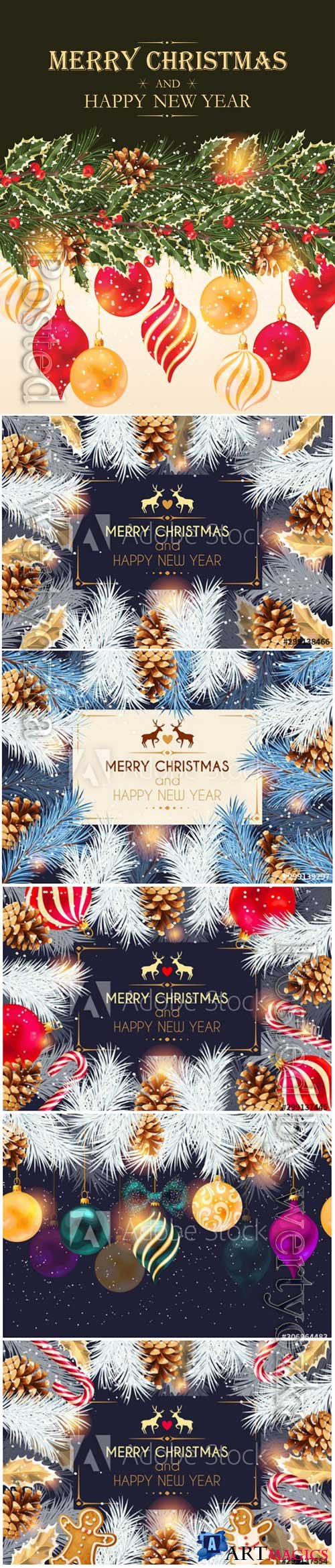 Christmas cards with cones, Christmas balls and Christmas tree