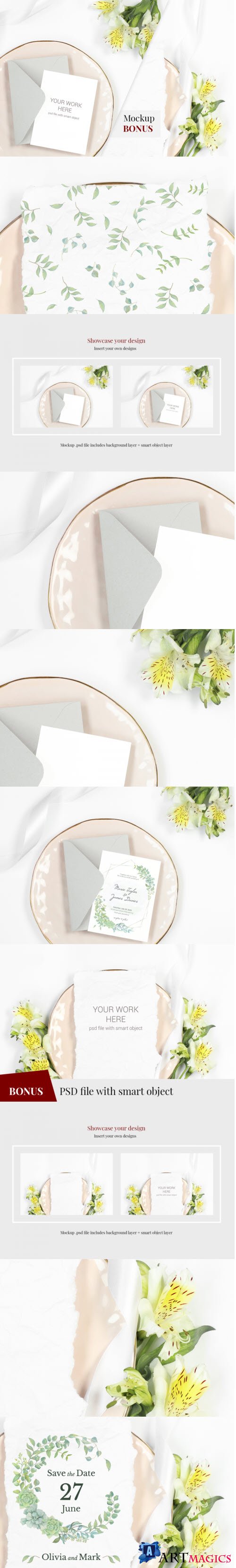 Card Mockup on plate with flowers. BONUS  - 405668 - 2217976