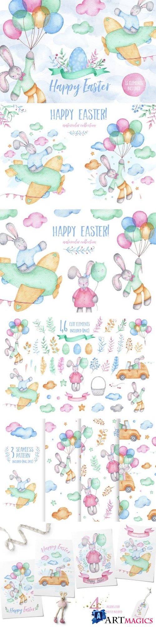 Happy Easter - watercolor clipart - 3385840