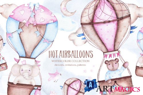Hot airballoons watercolor clipart - 3353721