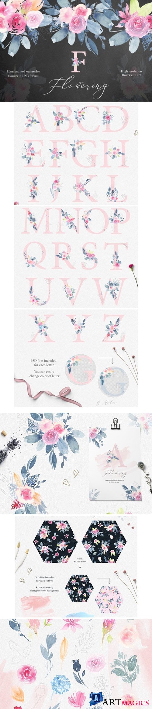 Flowering watercolor graphic set - 2558403