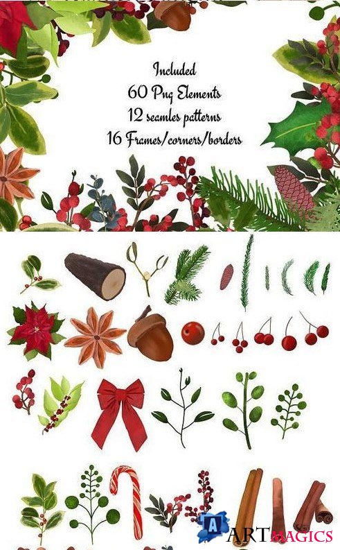 CHRISTMAS NATURE COLLECTION - WATERCOLOR FLORALS - 386740