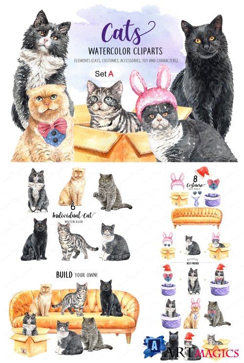 Cat Lover Watercolor Cliparts, Pet watercolor - 405841