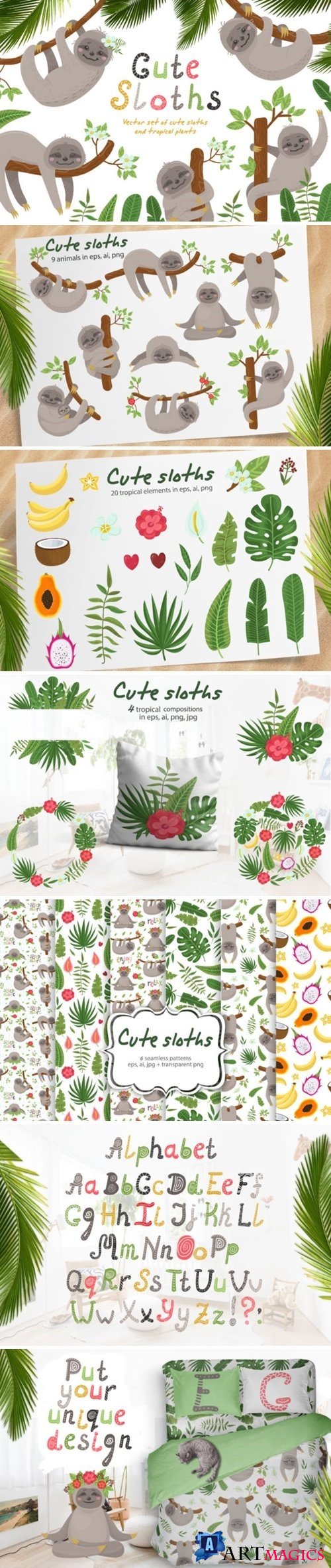 Cute sloths and tropical plants - 3427699
